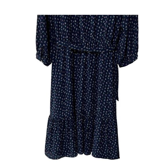 Talbots Midi Dress Size 10 Anchor Nautical Flounce Hem Split Neck Belted Navy - Picture 7 of 10